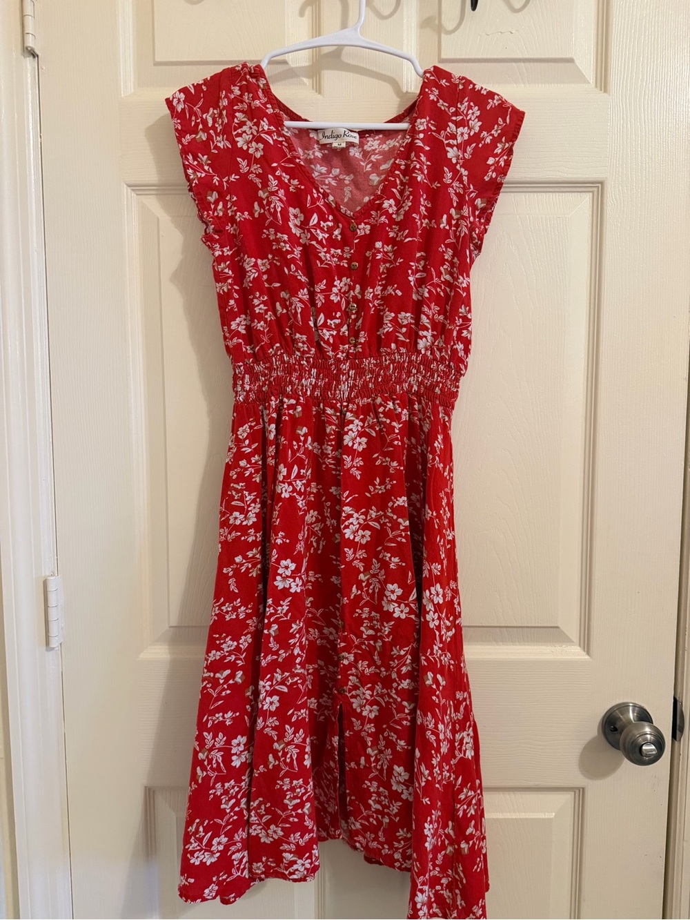 Red Floral Maxi Dress with Smocked Waist and V-Neck